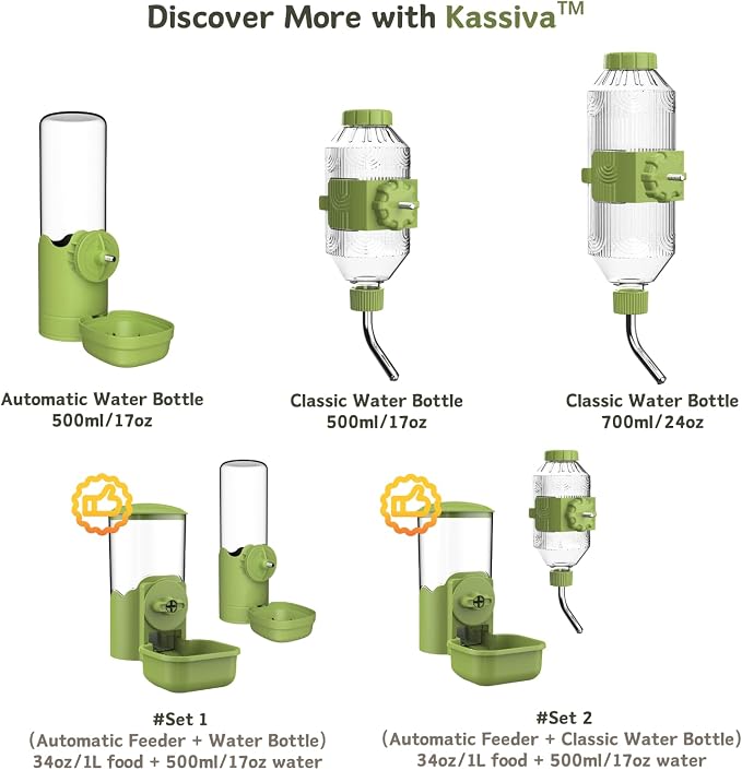 Automatic Pet Food Water Dispenser, Auto Gravity Pet Feeder Water Bottle Set for Cage, Feeding Station for Puppy Kitten Rabbit Guinea Pigs Chinchilla Ferret Hedgehog (Green)