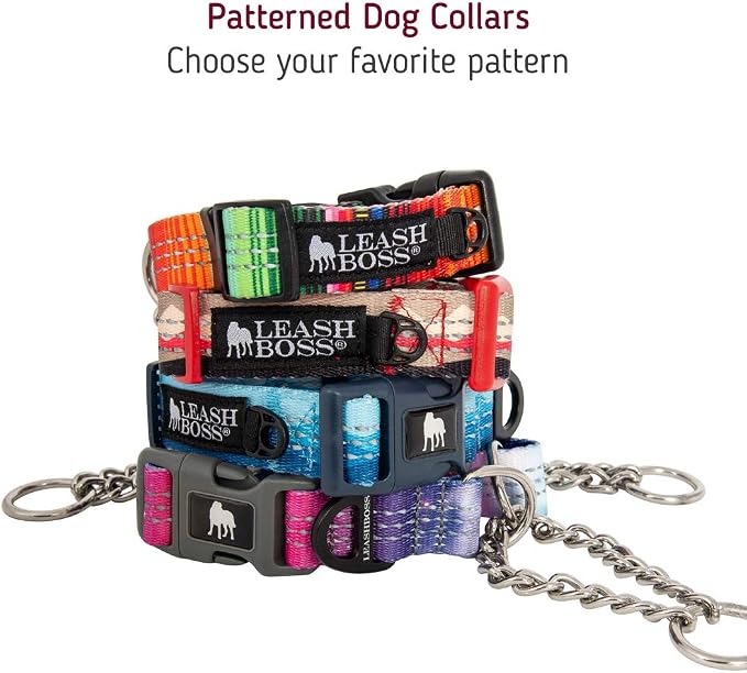 Leash Boss Chain Martingale Patterned Reflective Collar and 6 Ft Double Handle Leash with Padded Handles, Large Collar 19-24.5" Neck, Orange Blanket Pattern