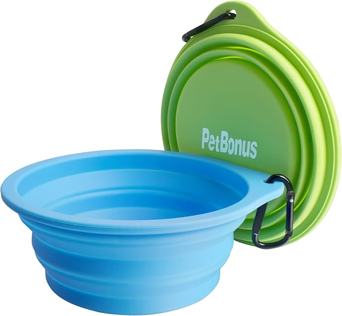 PetBonus Large Collapsible Dog Bowls, 2 Pack, 34oz, Light Blue & Green