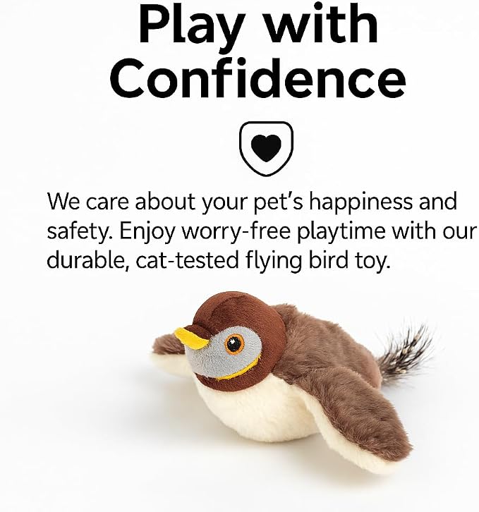 Flapping Bird Cat Toy, White Faced Sparrow | No Flying, Chirping, With Catnip, Rechargeable, For Indoor Cats