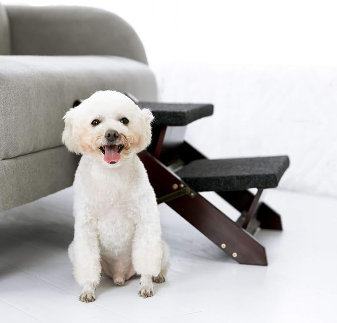 MEWANG Wooden Pet Stairs/Pet Steps - 2-in-1 Foldable Stairs & Ramp for Beds and Cars - Portable Dog/Cat Ladder Up to 220 Pounds - Great for Small and Older Animals(Brown) (17.3" L x 17.24" W x 13" H)