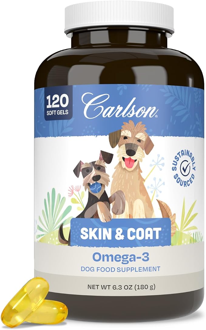Carlson Omega-3 Fish Oil Soft Gels for Dogs, Supports Skin & Coat, Joint & Heart Health, Dog Supplement, 120 Soft Gels