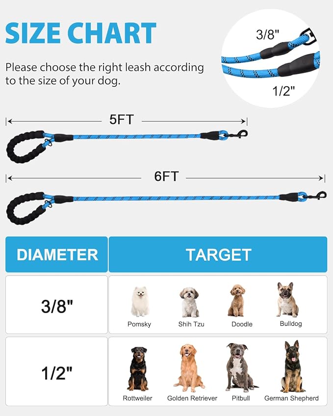 Joytale Rope Dog Leash for Medium Large Dogs, Padded Handle, 5FT, Aqua Blue | Reinforced Nylon Webbing, Comfort Grip Eases Hand Strain, Swivel Clip Prevents Tangles, Visible at Night, for Outdoor Walks