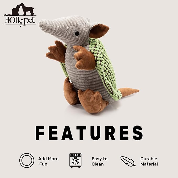 Hollypet Armadillo Squeaky Dog Toys for Medium Large Dogs, 14" | plush stuffed large dog squeak animal toy with unique grunt squeaker textured fabric for teeth cleaning toys