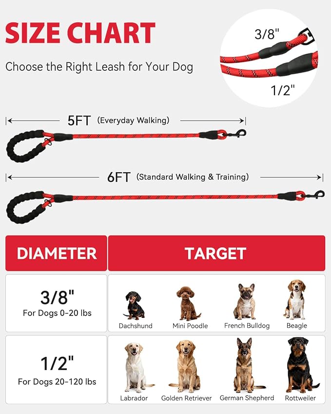Joytale Rope Dog Leash for Medium Large Dogs, Padded Handle, 6FT, Red | Reinforced Nylon Webbing, Comfort Grip Eases Hand Strain, Swivel Clip Prevents Tangles, Visible at Night, for Outdoor Walks