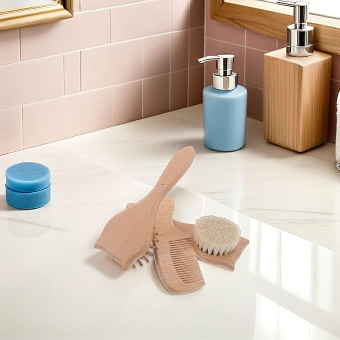 BELLIFFY 3pcs Brush and Comb Set for Gentle Care and Calming Massage Includes Wool Cat Head Brush Cat Airbag Detangle Comb for Bathing and Hair Cleaning