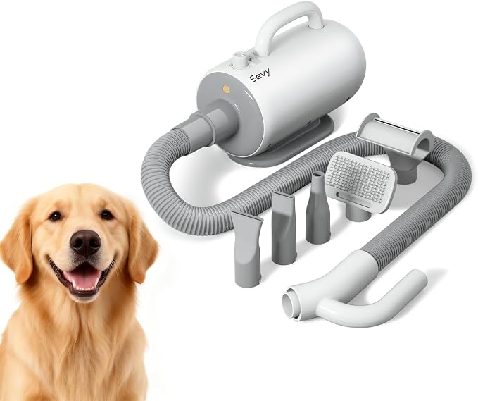 Sevy Professional Pet Hair Drying for Dogs, Dog Dryer, Pet Hair Dryer with 0-99 Adjustable Wind Speed and Temperature Control, 5 Different Nozzles, Quiet Dog Blow Dryer