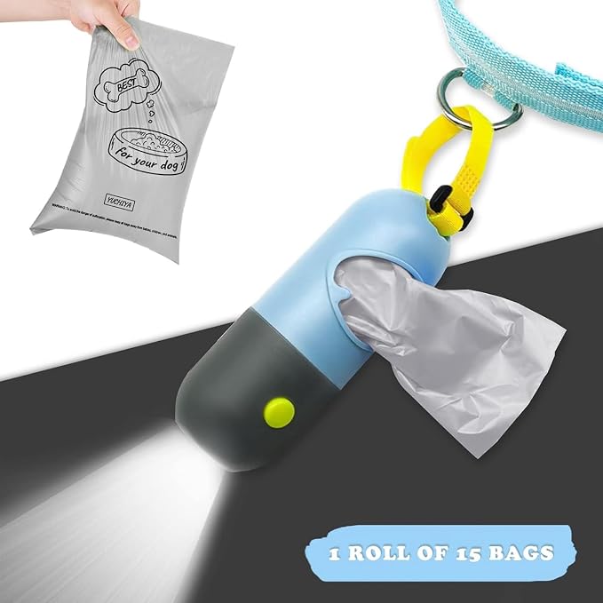 YUCHIYA Dog Poop Bags Holder with LED Flashlight, Sky Blue, 15 Bags, 3 Accessories
