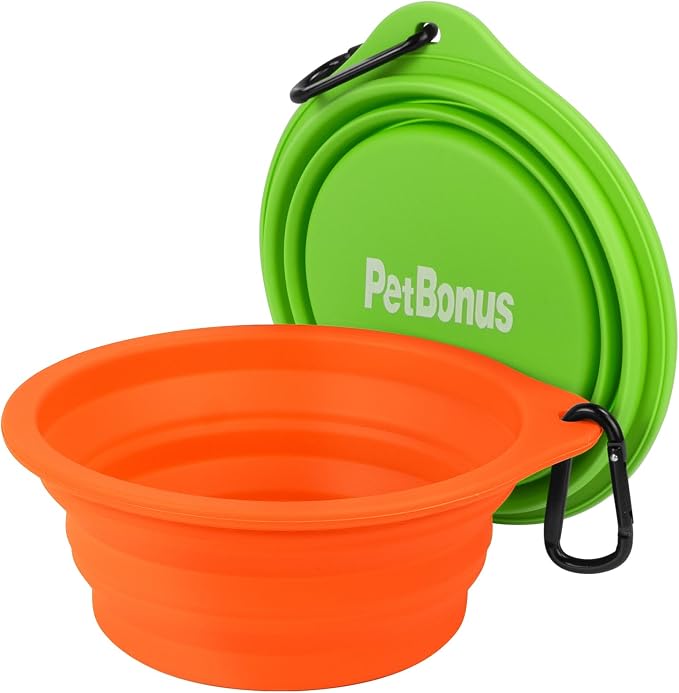 PetBonus Collapsible Dog Bowls, 2 Pack, Green, Orange
