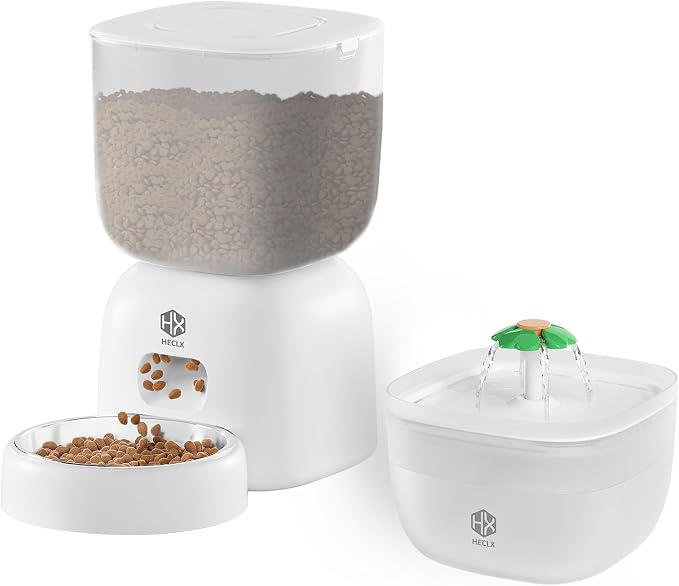 HX HECLX Automatic Cat Feeder with 3L Dry Cat Food Dispenser and 2L Water Fountain, Timed Dog Feeder with Portion Control and Daily Meals, Wire/Battery Automatic Feeders, White