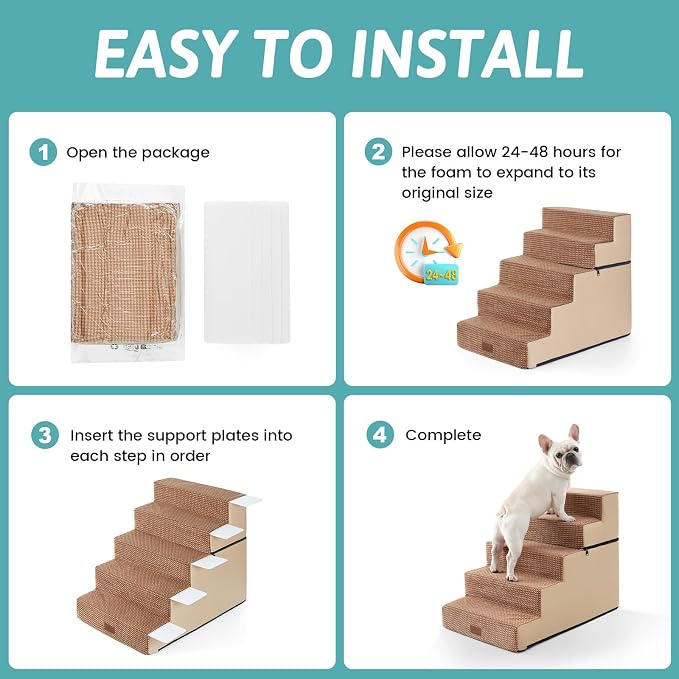 COZY KISS Dog Stairs with Detachable Zipper, 19.7" Extra Wide Right-Angle Pet Stairs for Bed, Anti-Slip Dog Steps for Lowrider and Elderly Cats with Support Board, 19.7x29.5x23.6 inch, Light Brown