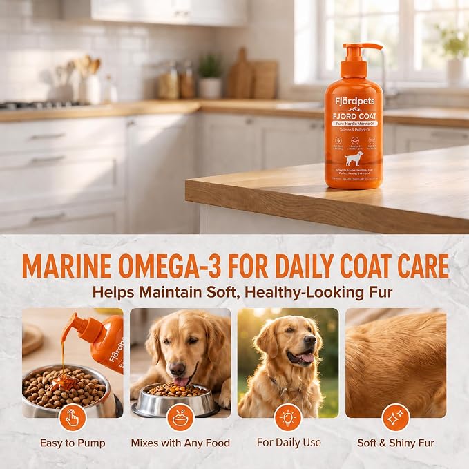 Fjordpets Fjord Coat Marine Oil for Dogs, Omega-3 Salmon and Pollock Fish Oil with EPA and DHA, Liquid Drops Supplement for Skin & Coat, 7.05 fl oz