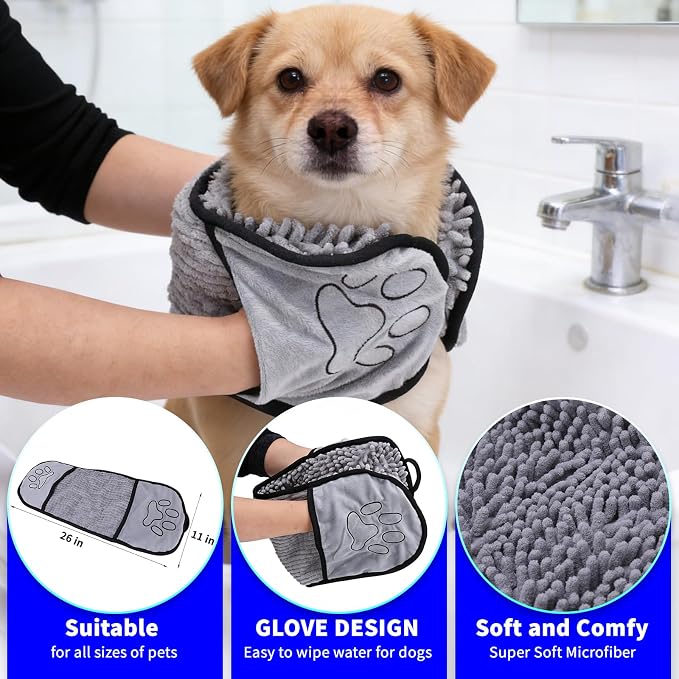 3PCS Dog Bath Kit,Dog Bath Brush | Dog Bath Gloves | Microfiber Dog Towel 26'' X 11'' Extra Soft Plush Chenille Dog Drying Towel to Dry Soggy Large Pets & Small Puppy (B-3 Kits)