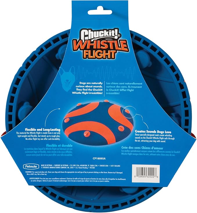 Chuckit! Whistle Flight Fetch Toy, Orange/Blue, for Medium to Large Dogs | Measures 10.6 In x 1.2 In x 11.1 In, for Medium to Large Dogs