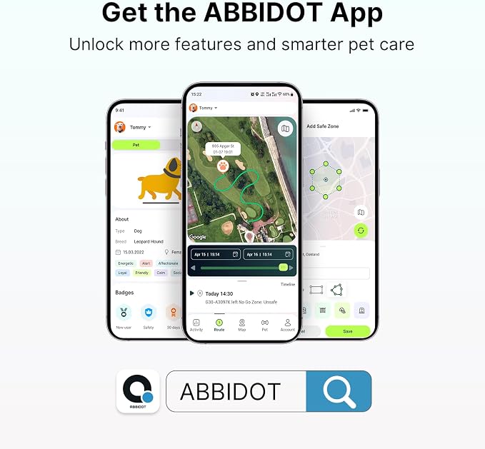ABBIDOT GPS Dog Tracker - Activity Monitor, 3-Mode LED Light, Location History, Real Time Tracking, Precision Live Pet Tracker, Waterproof, Rechargeable, APP Support, GPS Tracker for Dogs