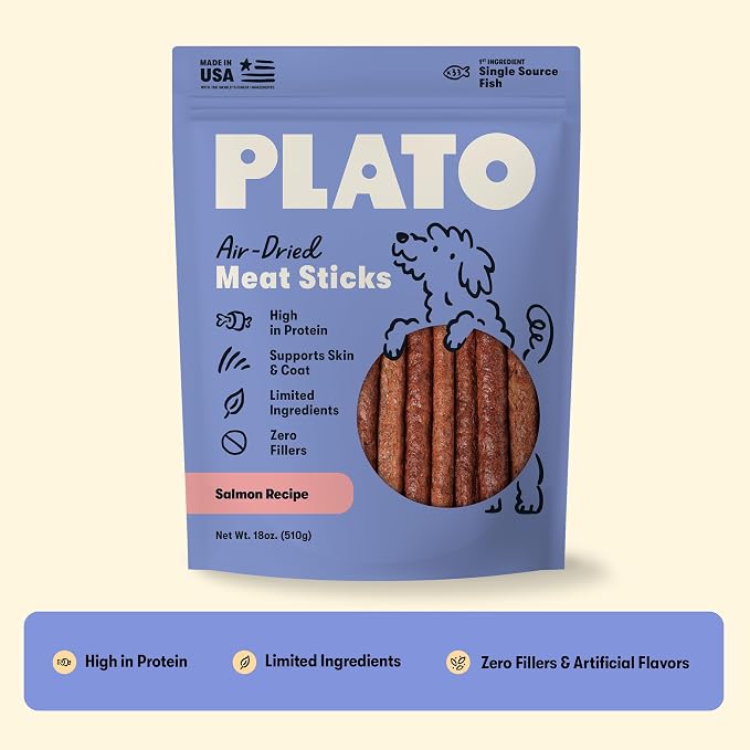 Plato Meat Sticks Salmon Dog Treats, Air-Dried High-Protein Soft Chews with Omega Fish Oil (EPA & DHA), 18 oz