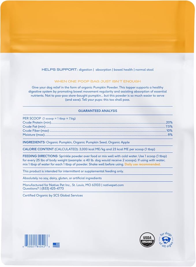 Native Pet Pumpkin for Dogs - Organic Dog Food Topper Powder - Promotes Firm Stools, Supports Digestive, Bowel Health & Nutrient Absorption - USDA Organic, Rich in Fiber with Real Pumpkin -120 Scoops
