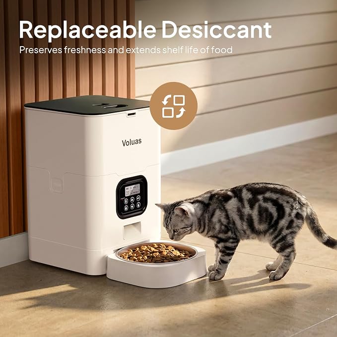 VOLUAS Automatic Cat Feeders - Timed Pet Feeder for Cats and Dogs with Dry Food Dispenser, Desiccant Bag, Programmable Portion Control, 4 Daily Meals, 10s Voice Recorder