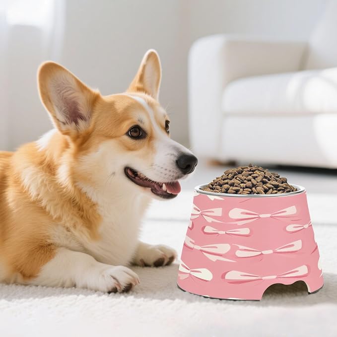 YETTASBIN Bow Pink Elevated Dog Bowls, Prevention of Vertebrae Disease Raised Dog & Cat Bowl Stand with Removable Stainless Steel Bowls, Non-Slip Spill-Proof Pet Food & Water Bowl Dish