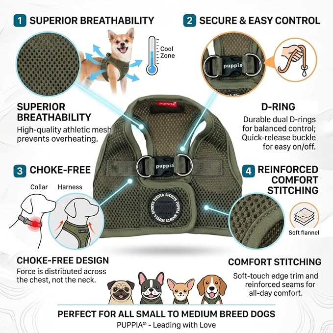 Puppia Soft Vest Dog Harness Step-in Padded Mesh No Choke No Pull Comfortable Walking Running Training for Small Dogs, Khaki, XL