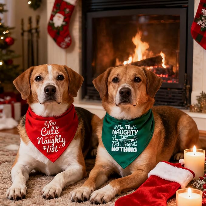 Christmas Dog Bandanas Naughty & Nice Idea Funny Holiday Stocking Pet Scarf Gifts, Large, Medium, Green