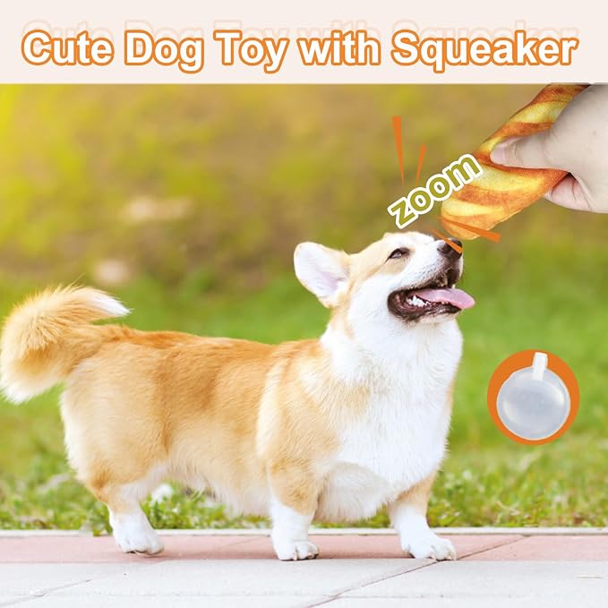 Cute Dog Toys Set,Food Shape Squeaky Plush Toys for Puppy, Cute Stuffed Breads Breakfast Dog Teeth-Cleaning Chew Toy with Squeakers for Puppy Small Medium Dogs (3 Pack)