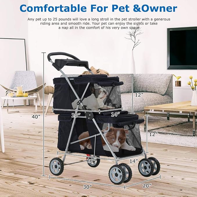 BestPet 4-Wheel Foldable Pet Stroller - Black, Fits 2 Pets