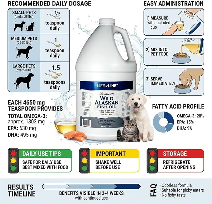 Life Line Pet Nutrition Wild Alaskan Fish Oil for Dogs and Cats 128oz – Omega 3 Fish Oil Supplement for Skin & Coat, Brain, Eye & Heart Health