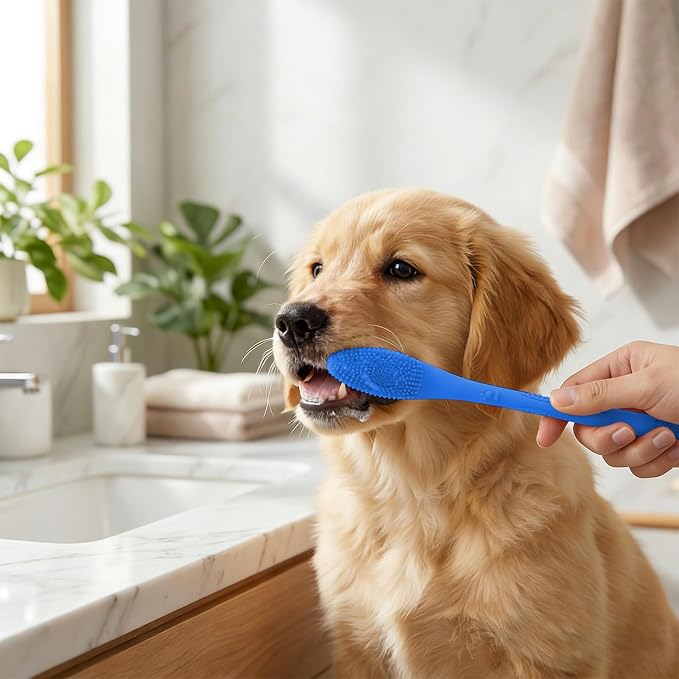 2 Piece Dog Toothbrush with Dual Head,Silicone Long Handle Toothbrush for Dogs Cats,Puppy Pet Tooth Brush (Royal Blue)