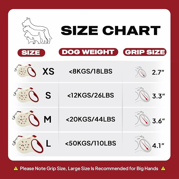 Fida Retractable Dog Leash with Dispenser and Poop Bags, 16 ft Pet Walking Leash for Small Dog or Cat up to 26 lbs, Anti-Slip Soft Handle, Tangle Free, Reflective Nylon Tape (S, Cherry)