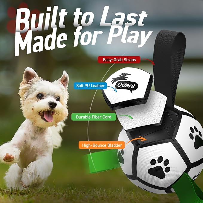 QDAN Small Dog Toys, Outdoor Soccer Ball with Straps, Puppy Birthday Gifts | Interactive Training Soccer Toys for Tug, Dog Water Toy, Durable Puppy Balls for 5-20 lbs Small Dogs, Puppy Birthday Gifts