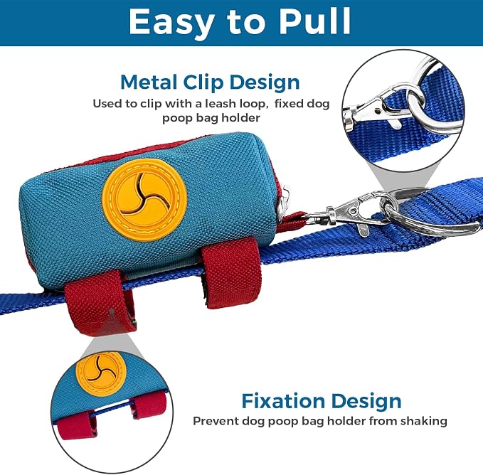 Dog Poop Bag Holder for Leash, Zippered Canvas Poop Bag Dispenser Pouch with Velcro Straps & Metal Carabiner Clip, Holds Keys & Treats for Daily Dog Walking