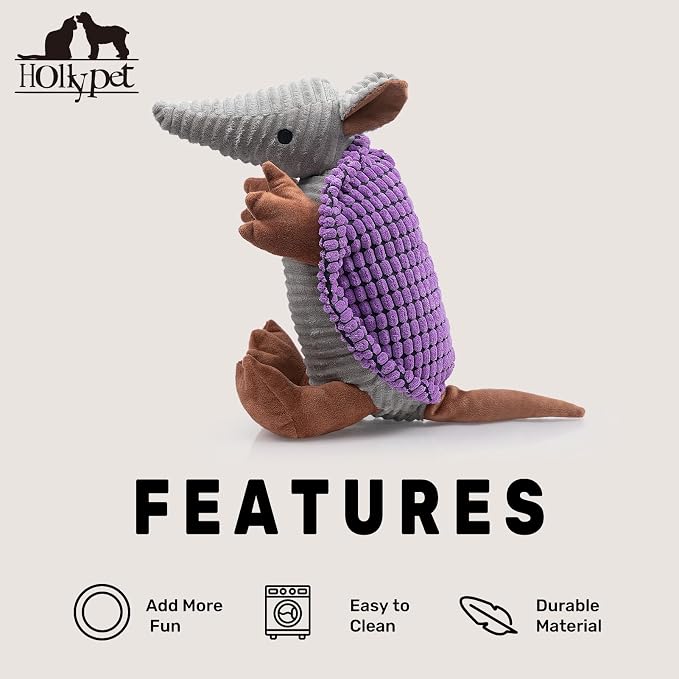 Hollypet Armadillo Squeaky Dog Toys for Medium Large Dogs, 14" | plush stuffed large dog squeak animal toy with unique grunt squeaker textured fabric for teeth cleaning toys