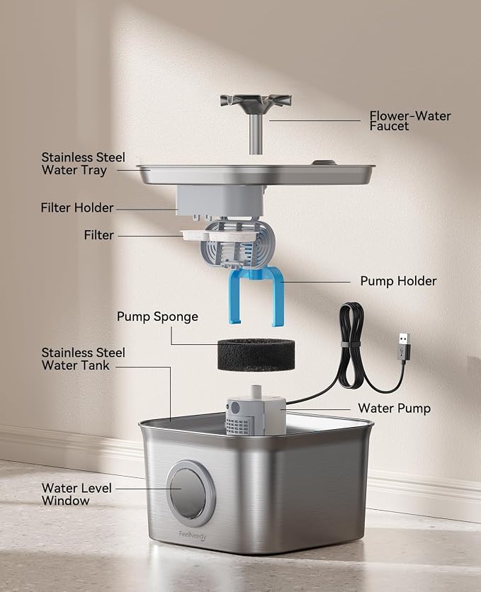 Stainless Steel Cat Water Fountain, 99oz/2.8L Auto Pet Drinking Fountain with 20dB Ultra-Quiet Pump- Ideal for Timid Pets, LED Water Level Window, Dishwasher Safe, 24/7 Circulating Flow - FEELNEEDY