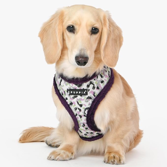 Puppia Huxley Dog Harness Over-The-Head Warm Winter Leopard Pattern Adjustable Chest for Small and Medium Dog, Purple, Large