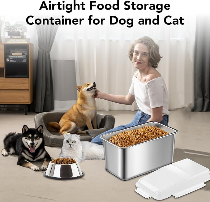Newget 11 lb Stainless Steel Dog Food Storage Container with Scoop, 11 lb, Stainless Steel, White