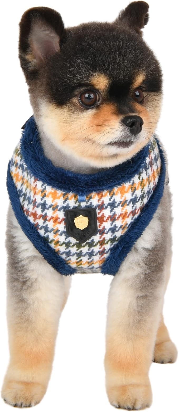 Puppia Kent Dog Harness Over-The-Head Warm Winter Houndstooth Pattern Adjustable Chest for Small and Medium Dog, Blue, Large