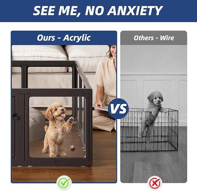 Clear Acrylic Dog Playpen Indoor, Puppy Cat Small Pet Play Pen, Pet Cat Playpen for Rabbits, Dog Fence Crate Kennel Whelping Cage (24", Black, 2 Panel)
