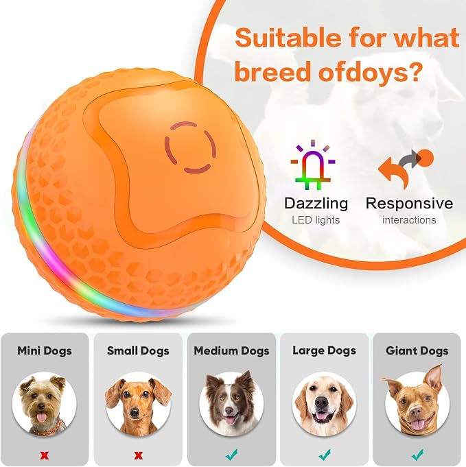 Interactive Dog Toys Ball, Automatic Rolling Toy, Lively pet Ball for Medium/Large Dogs to Relieve Boredom, Activated Automatic Motion Dog Balls Toy with LED Flash, USB Rechargeable