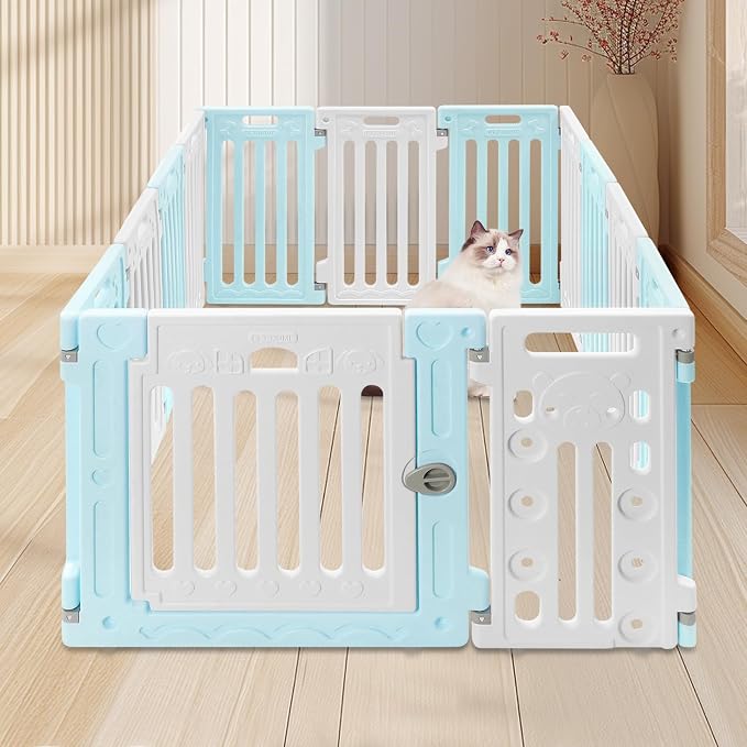26" H Dog Playpen, 13 Panels Pet Pen with Door Heavy Plastic Pet Safety Fence for Small Medium Pets Puppy Playpen Indoor with Suction Cups Flexible Installation 40.6" X 53.5" X 25.6" (Blue)