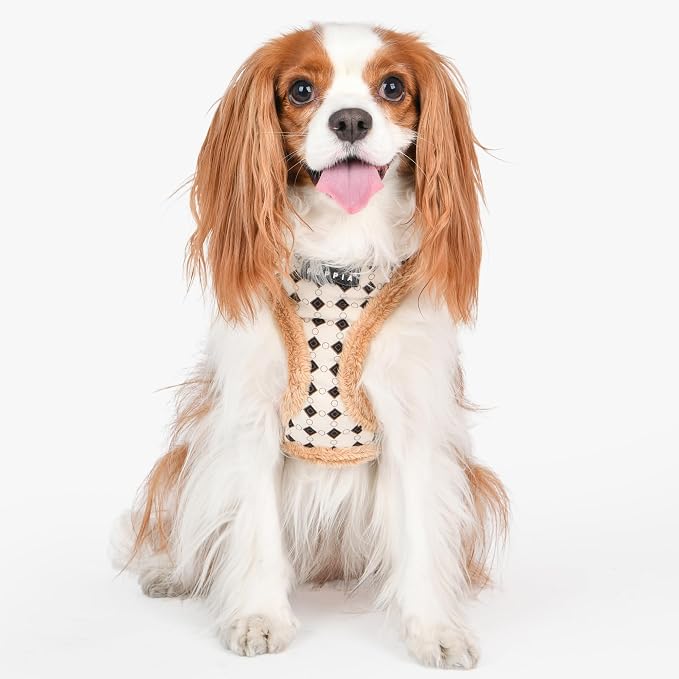 Puppia Jace Dog Harness Over-The-Head Warm Winter Diamond Pattern Adjustable Chest for Small and Medium Dog, Beige, Medium