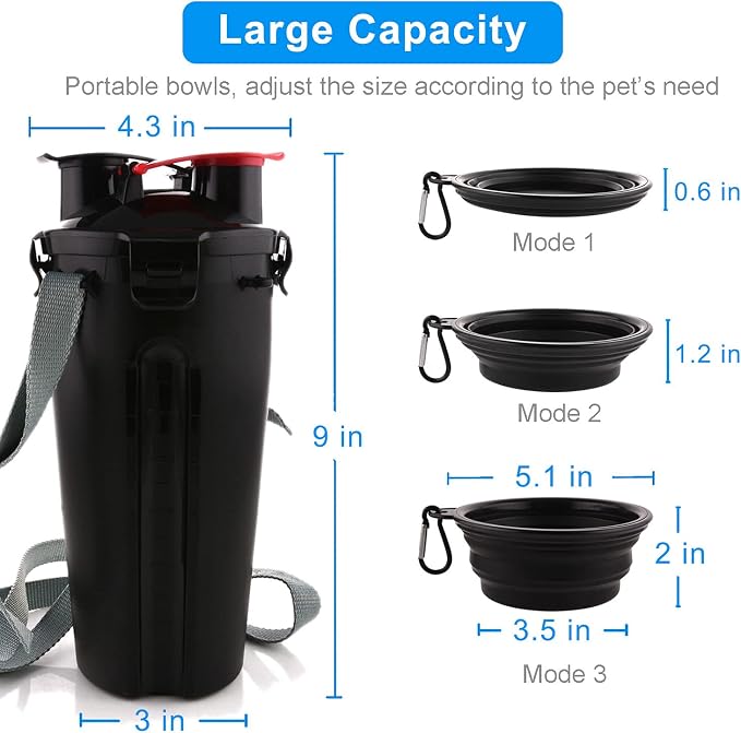 Dog Travel Water Bottle, 2-in-1 with Collapsible Bowl, Black