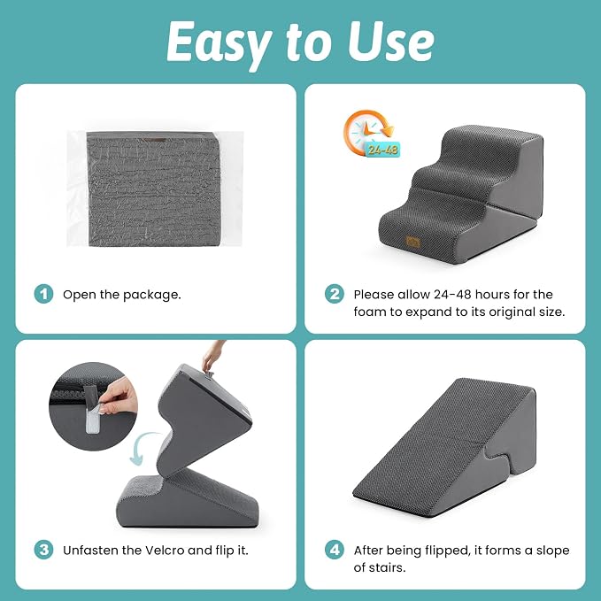 COZY KISS Dog Stairs for Small Dogs, 3-Step 2-in-1 Dog Steps,15.7" H | 3-step dog stairs and ramps for Old Cats, Puppy, Small Dogs,Non-Slip Base,for Couch & Bed, Grey