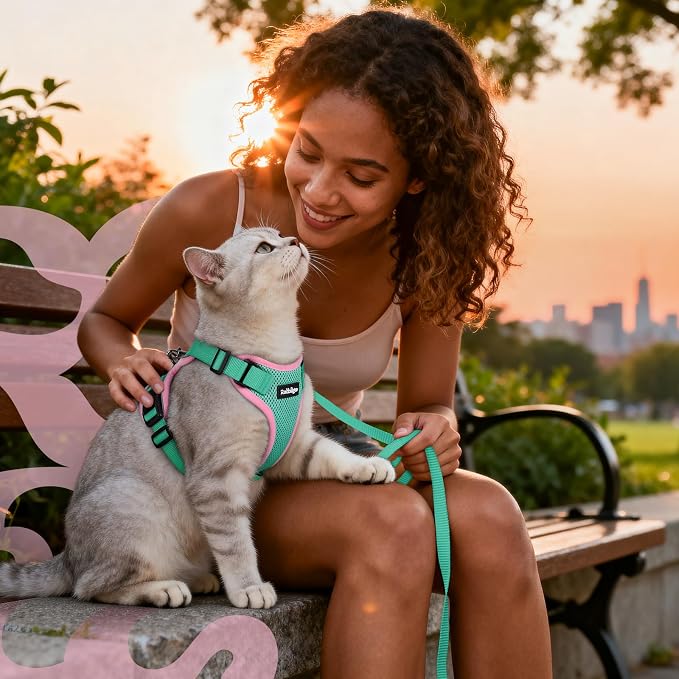 rabbitgoo Cat Harness and Leash Set, Escape Proof Vest, Green & Pink | Soft Breathable Mesh, Easy Adjustable Fit, Snap Buckles, Sturdy Clip, Reflective Strips, for Medium to Large Cats Walks, M