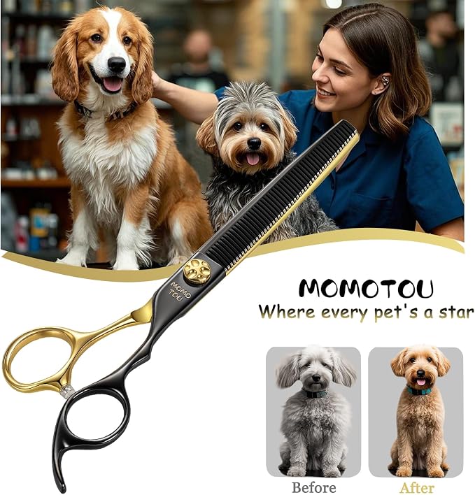7.5'' Thinning Dog Grooming Scissors with Decorative Screw Sharp and Durable Black and Gold 440C Stainless Steel Dog Thinner Shears Easy Use for Groomers and Beginners.