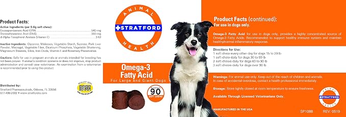 Stratford Pharmaceuticals EZ Chew Omega 3 Fatty Acid Soft Chew Max Strength - Dog Omega 3 Supplement - Soft Chew Treats with Fish Oil for Dogs - Large and Giant Dogs - 90 Soft Chews