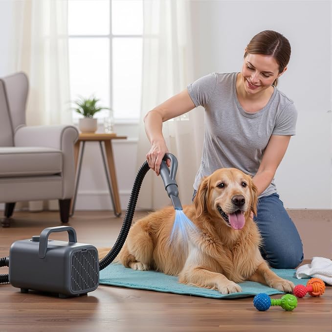 DUMOS Pet Blow Dryer Grooming Vacuum Kit, 6.5 FT Cord, 4 Nozzles | Dog Low Noise Hair Dryer with Adjustable Wind Speed & Heater Temperature, Cool-Warm-Hot Cycle Mode, Grey
