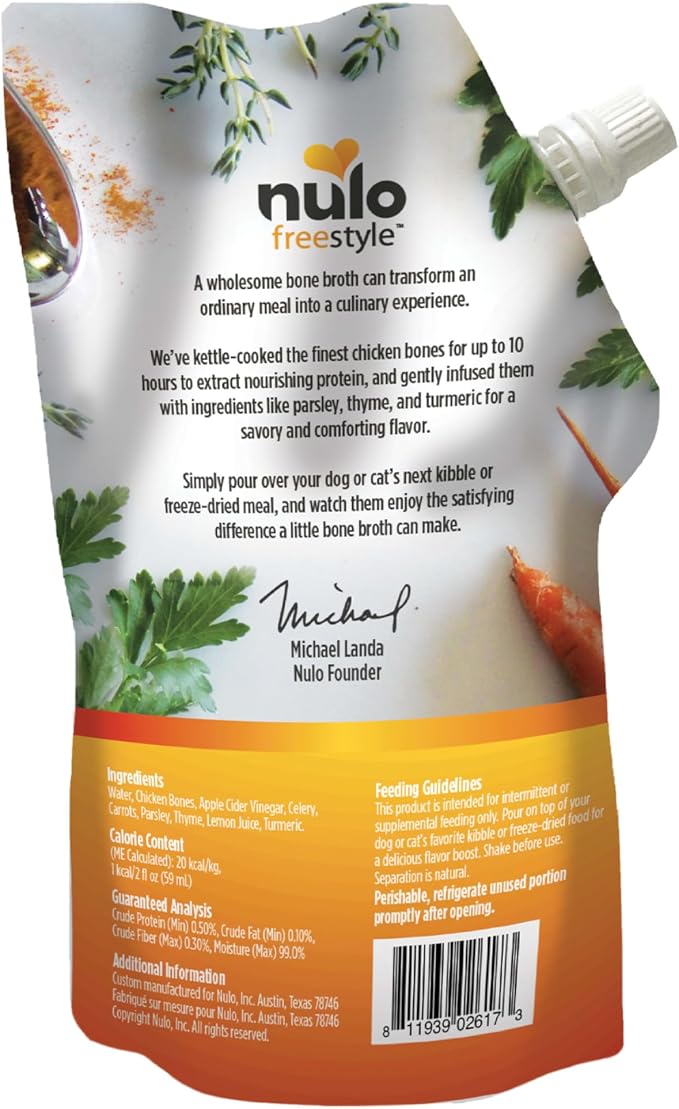 Nulo Freestyle Bone Broth, Premium Food Topper for Cats and Dogs, with Collagen and Chondroitin Sulfate to Help Boost The Quality of Your Pet’s Coat and Skin, 20 FL Oz Pouch