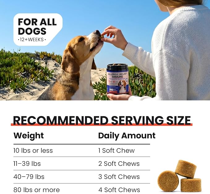 Dog Allergy Chews 200 Ct - Itch Relief for Dogs Immune Support with Colostrum Probiotics & Omega 3 - Seasonal Allergies Anti-Itch Skin & Coat Supplement, Itchy Skin & Paw Relief Bites - Chicken Flavor