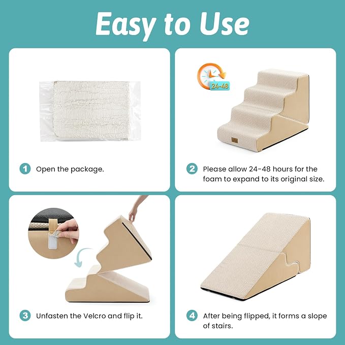 COZY KISS Dog Stairs for Small Dogs, 4-Step 2-in-1 Dog Steps,19.7" H | 4-step dog stairs and ramps for Old Cats, Puppy, Small Dogs,Non-Slip Base,for Couch & Bed, Beige